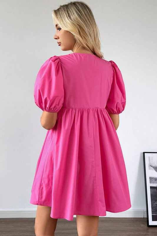 Bright Pink Puff Sleeve Tie Mini Dress
