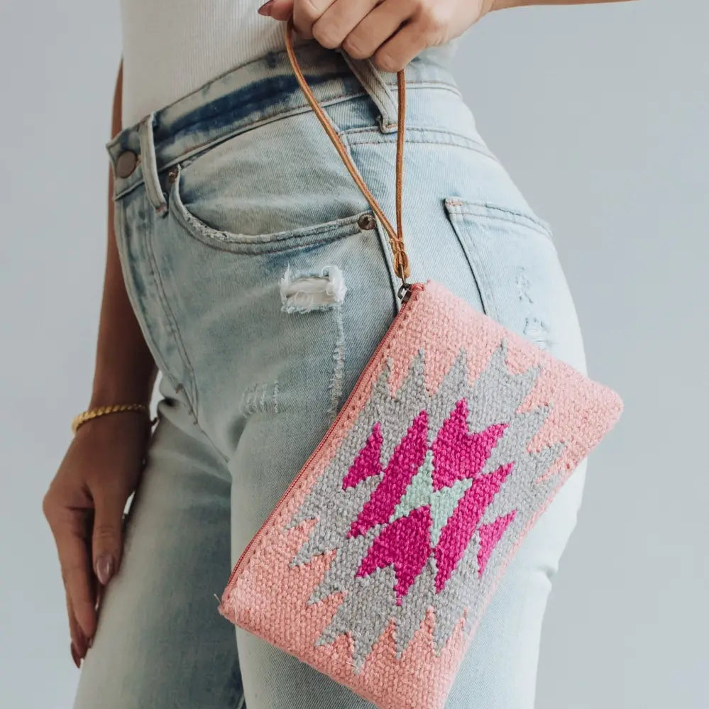 Bright Pink & Slate Aztec Wristlet