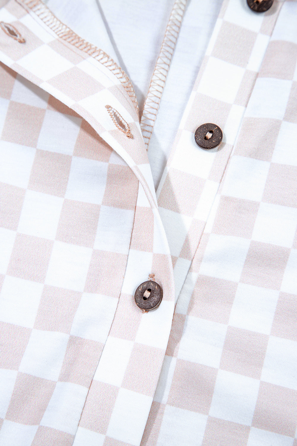 Brown Checkered Print Buttoned Crew Neck Wide Leg Jumpsuit