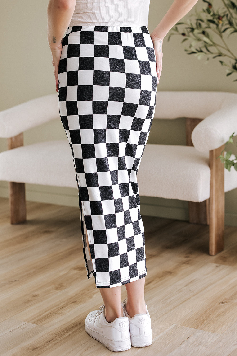 Checkered Side Slit Midi Skirt Chessa