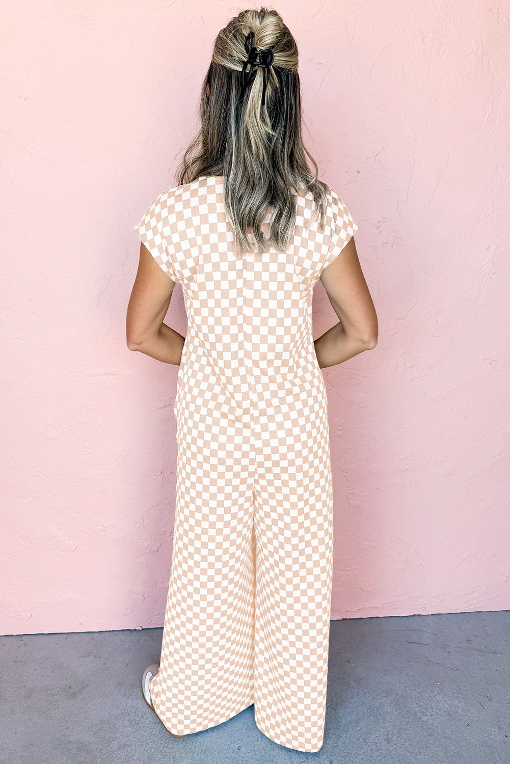 Brown Checkered Print Buttoned Crew Neck Wide Leg Jumpsuit