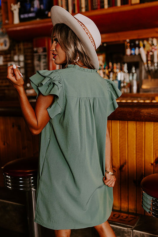 Mint Mini Green Ruffle Sleeve V Neck Frilled Dress