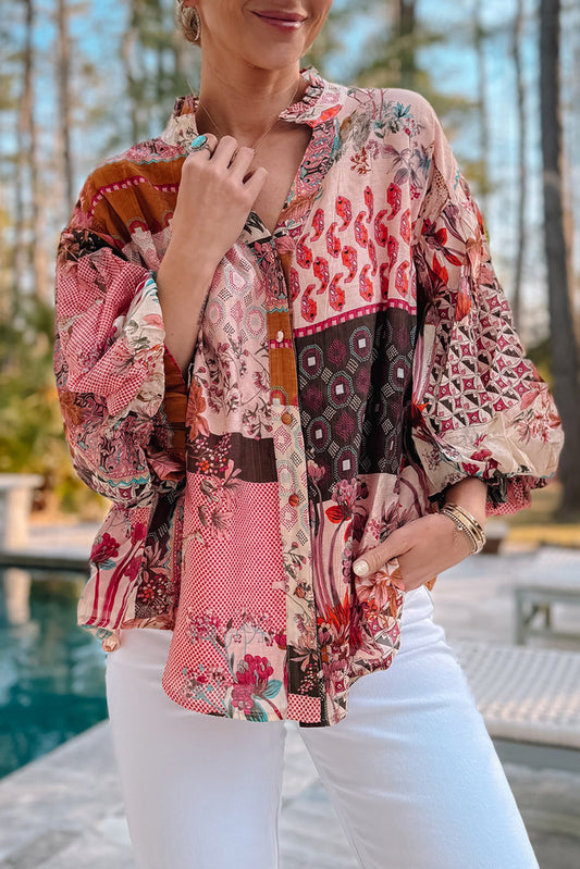 Auburn Boho Patchwork Bubble Sleeve Blouse