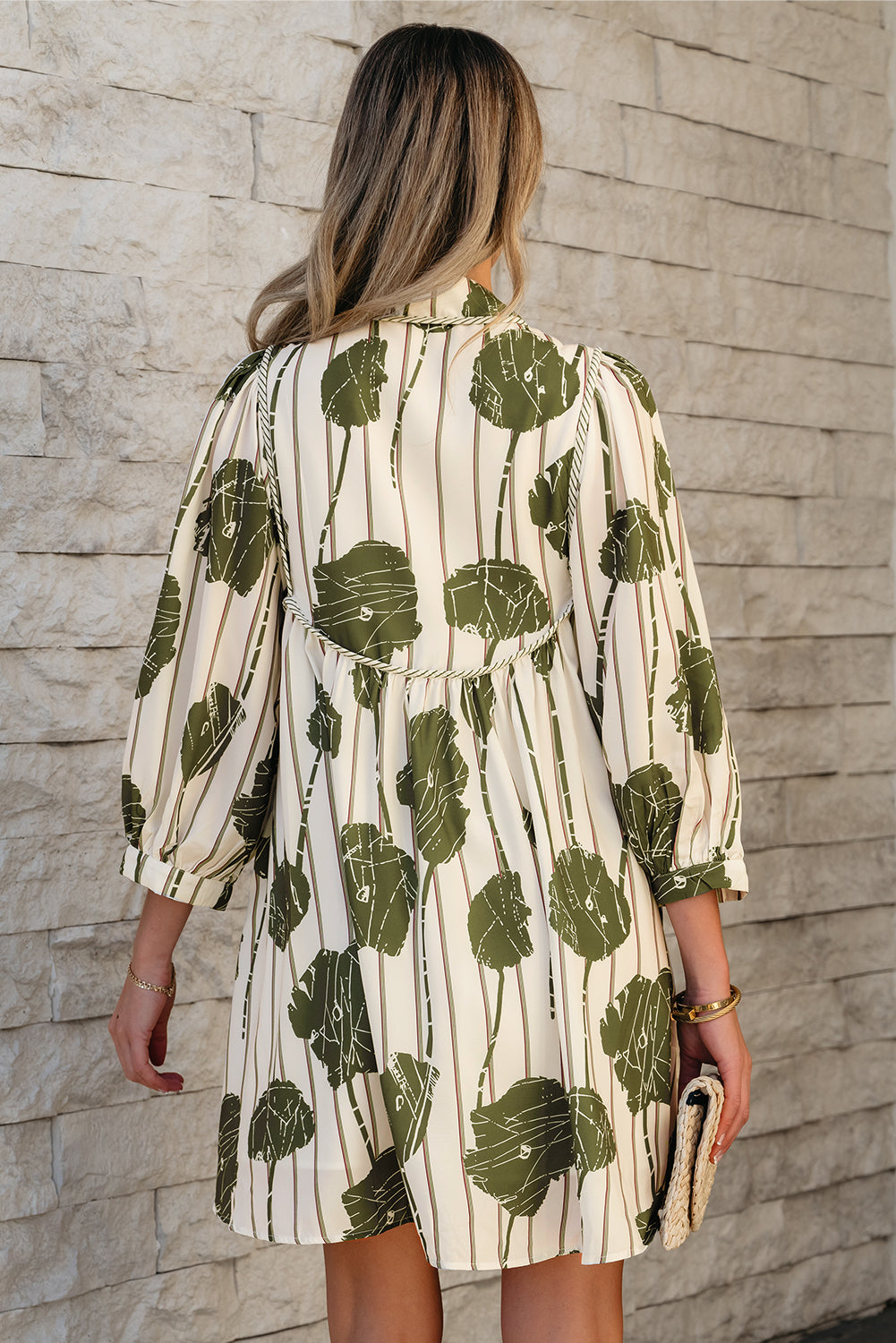 Olive Green Floral Striped Print Puff Sleeve Dress
