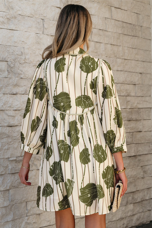 Olive Green Floral Striped Print Puff Sleeve Dress
