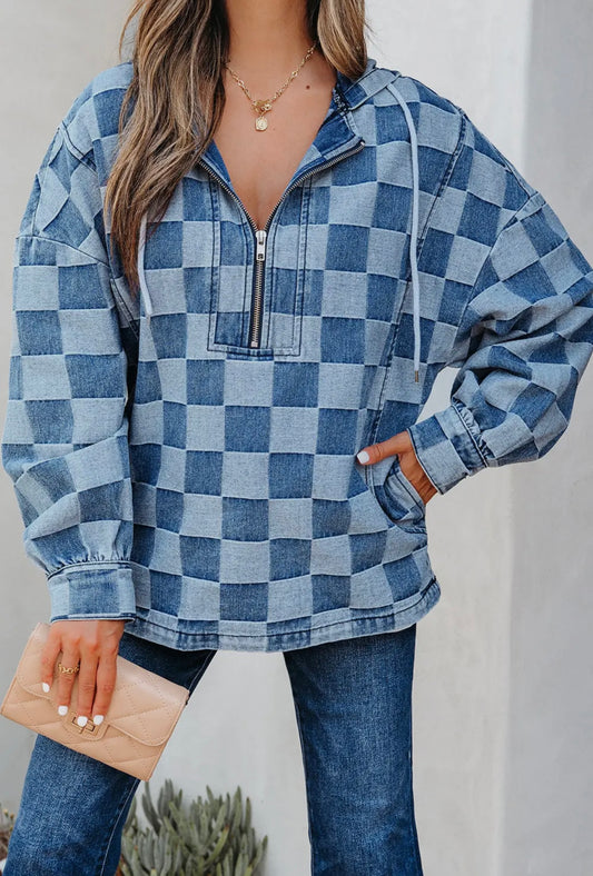 Checkered Half Zip Denim Hoodie Top