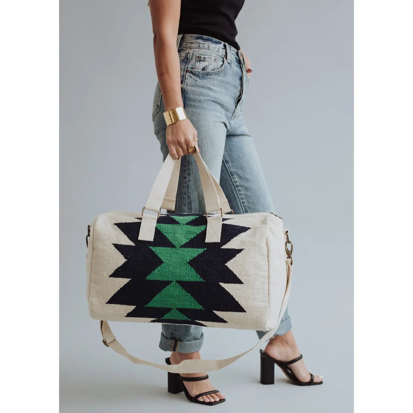 Cream, Navy & Green Aztec Duffel
