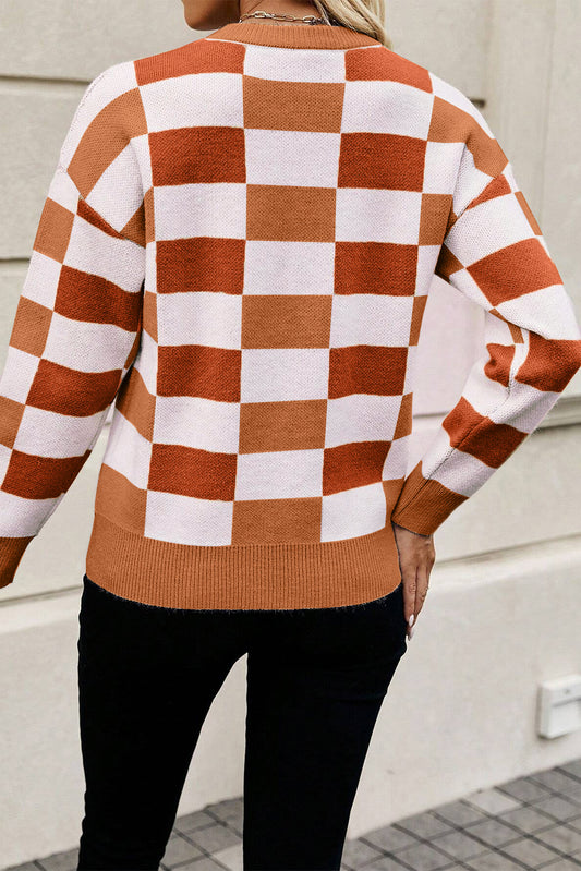 Orange Checkered Ribbed Neck Drop Shoulder Sweater