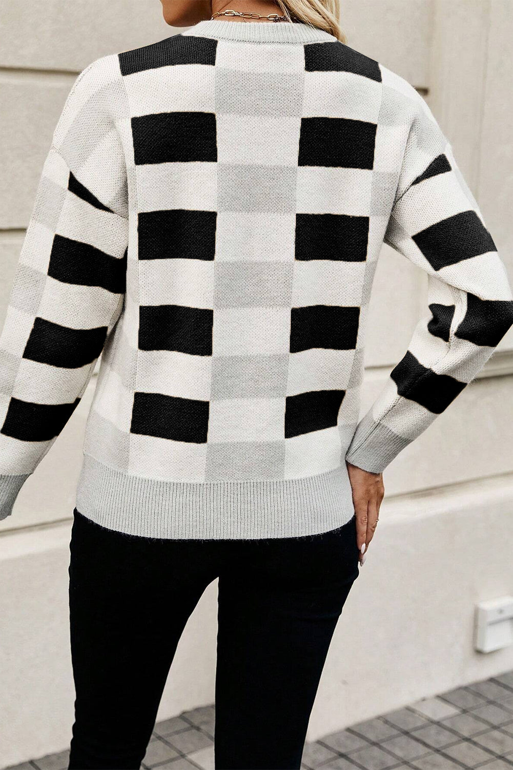 Orange Checkered Ribbed Neck Drop Shoulder Sweater