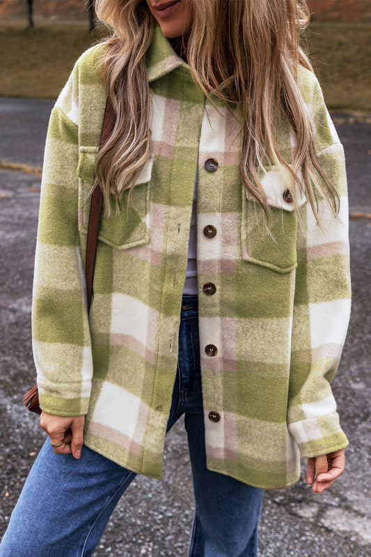 Mellow Green Plaid Print Buttoned Flap Pockets Baggy Shacket