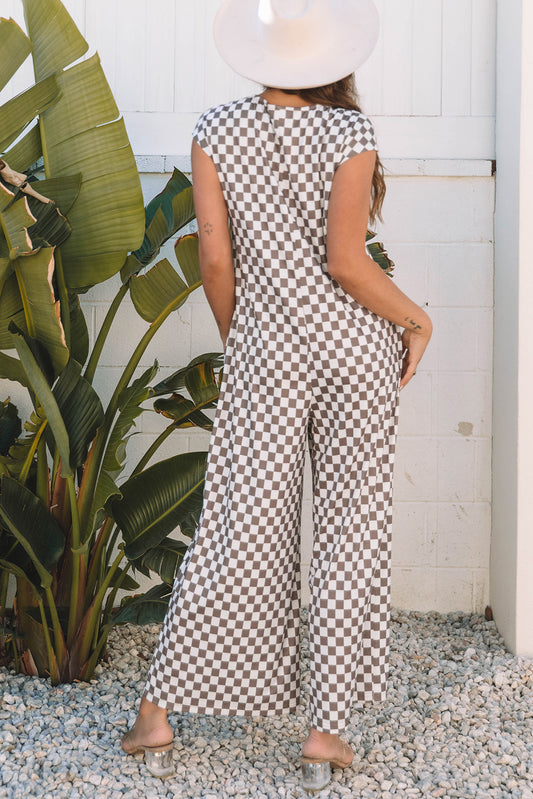 Brown Checkered Print Buttoned Crew Neck Wide Leg Jumpsuit
