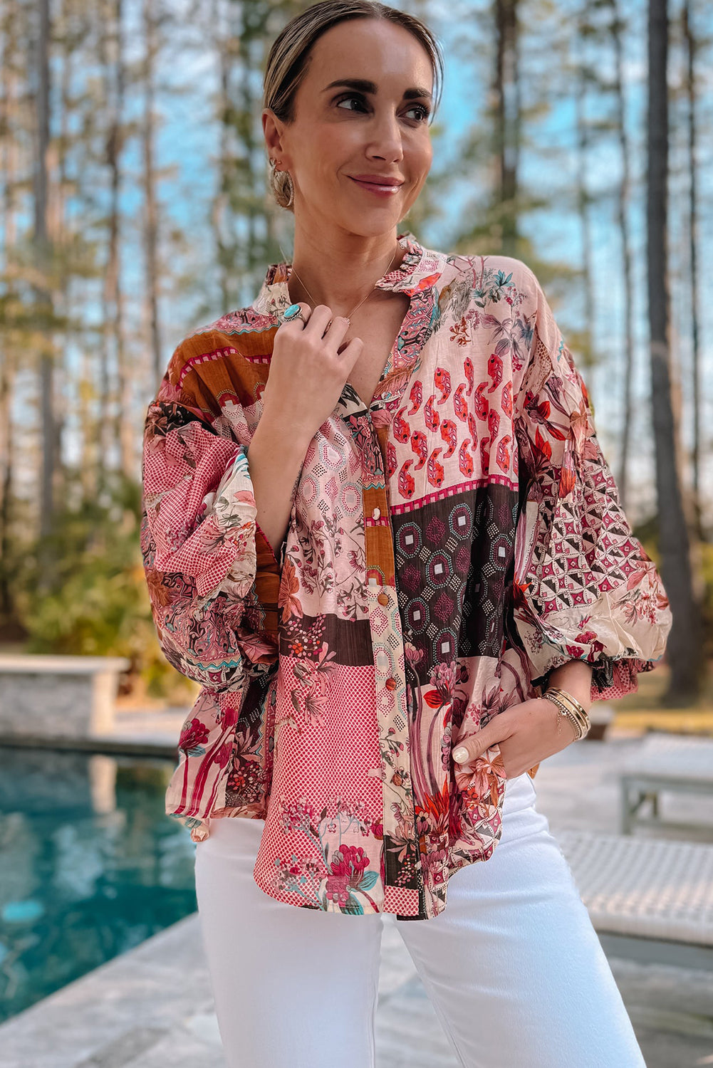 Auburn Boho Patchwork Bubble Sleeve Blouse