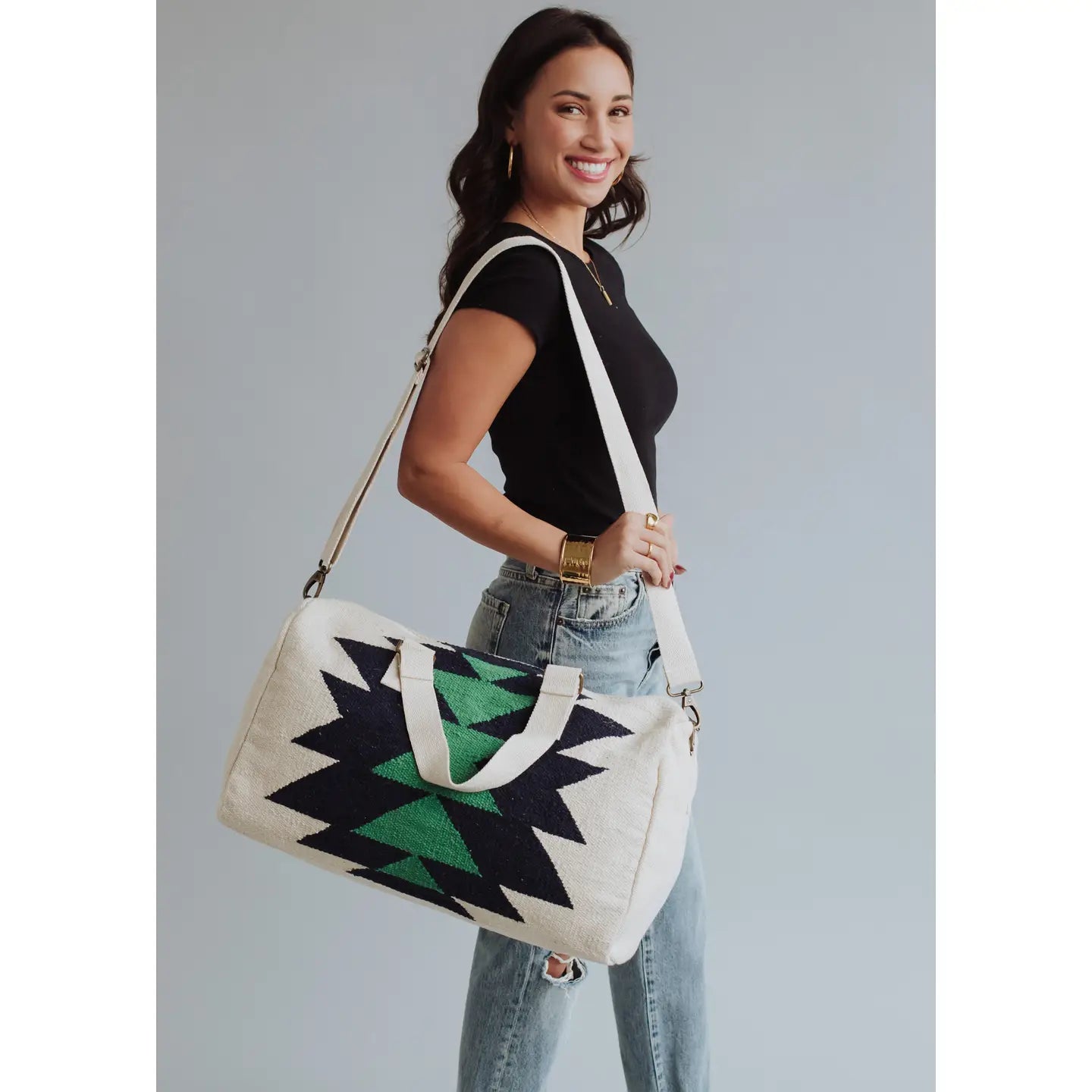 Cream, Navy & Green Aztec Duffel