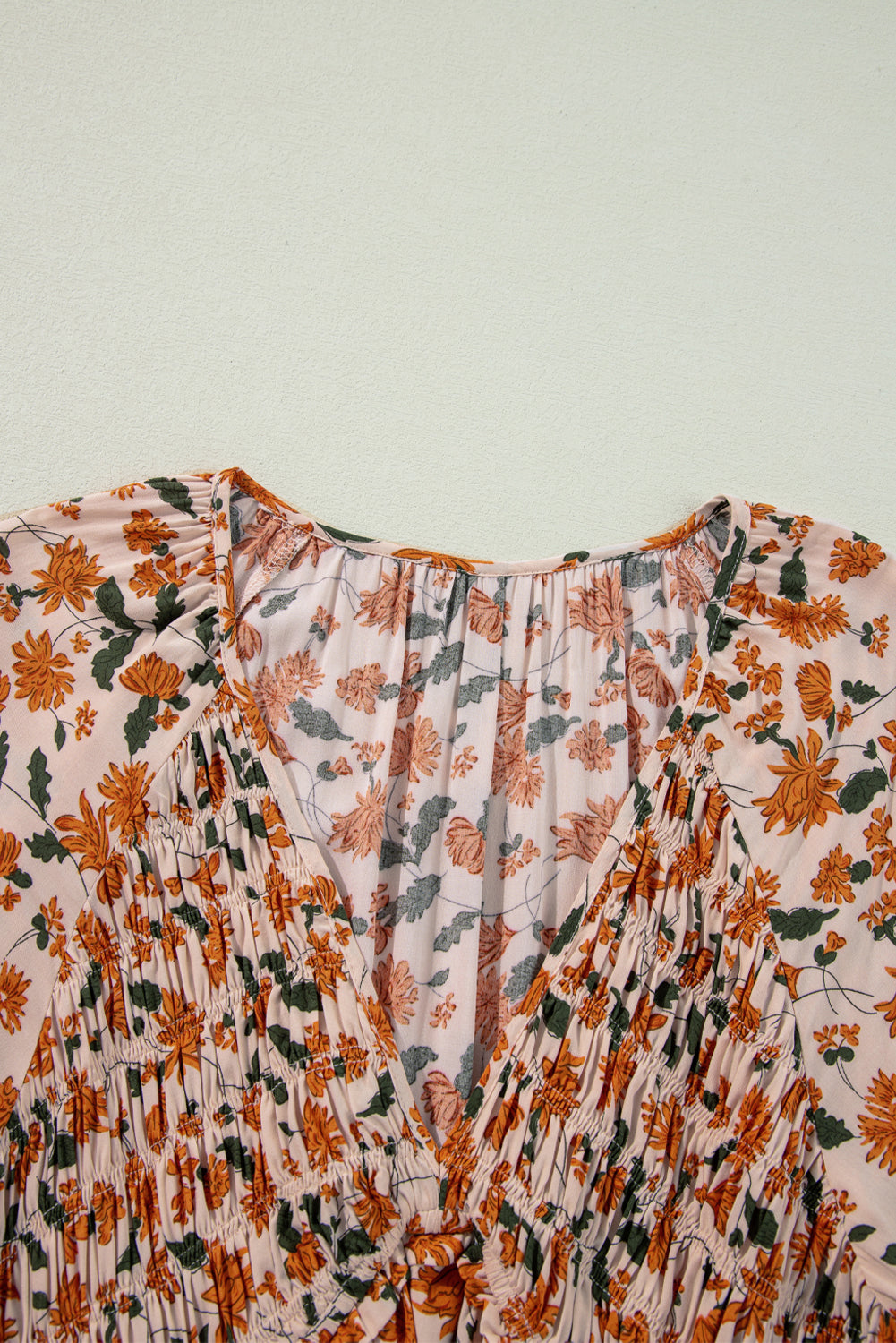 Beige Floral Bubble Sleeve Babydoll Dress