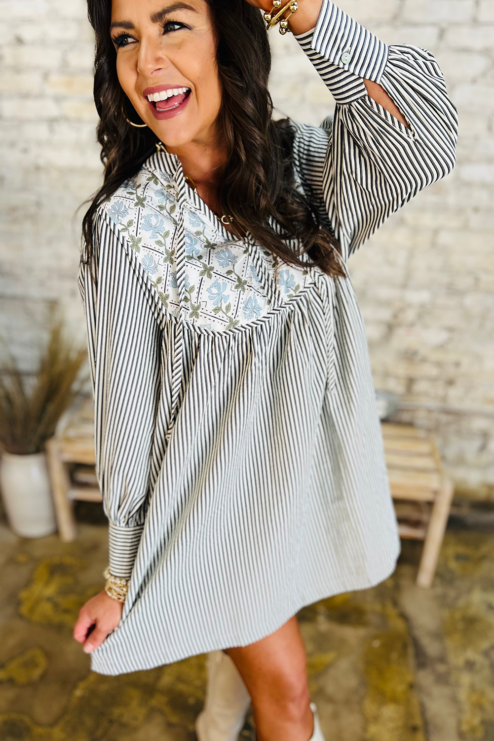 Striped Floral Patchwork Tied V Neck Shift Long Sleeve Mini Dress