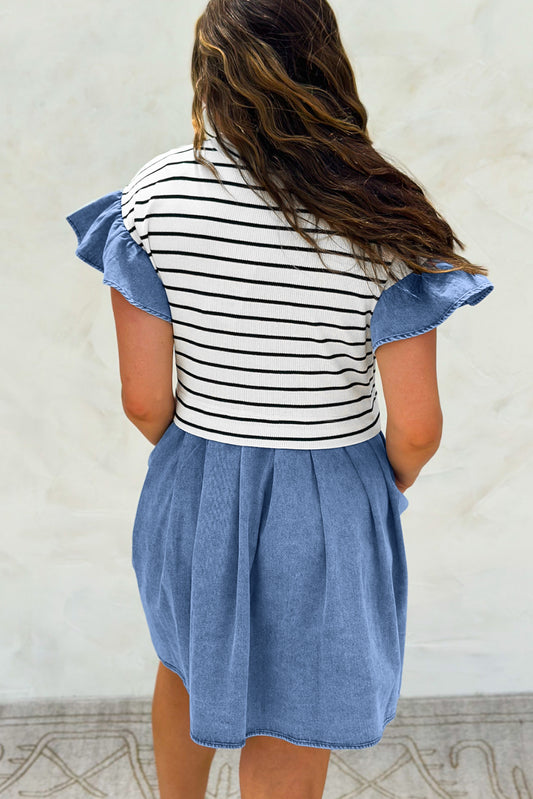 Striped Ruffle Denim Patchwork Round Neck Mini Dress