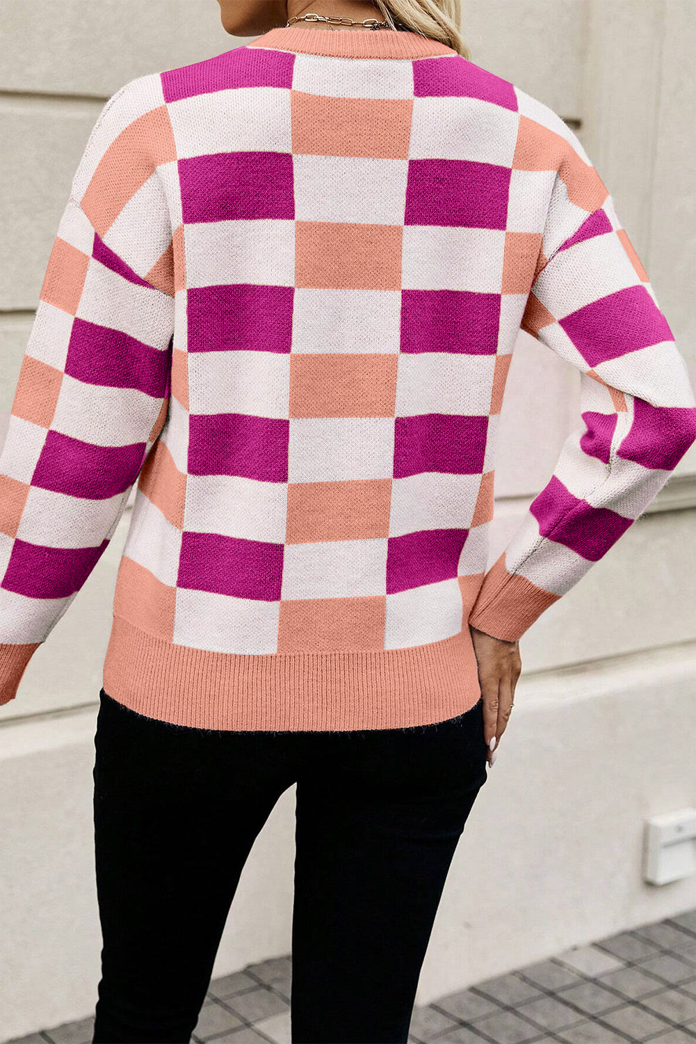 Orange Checkered Ribbed Neck Drop Shoulder Sweater