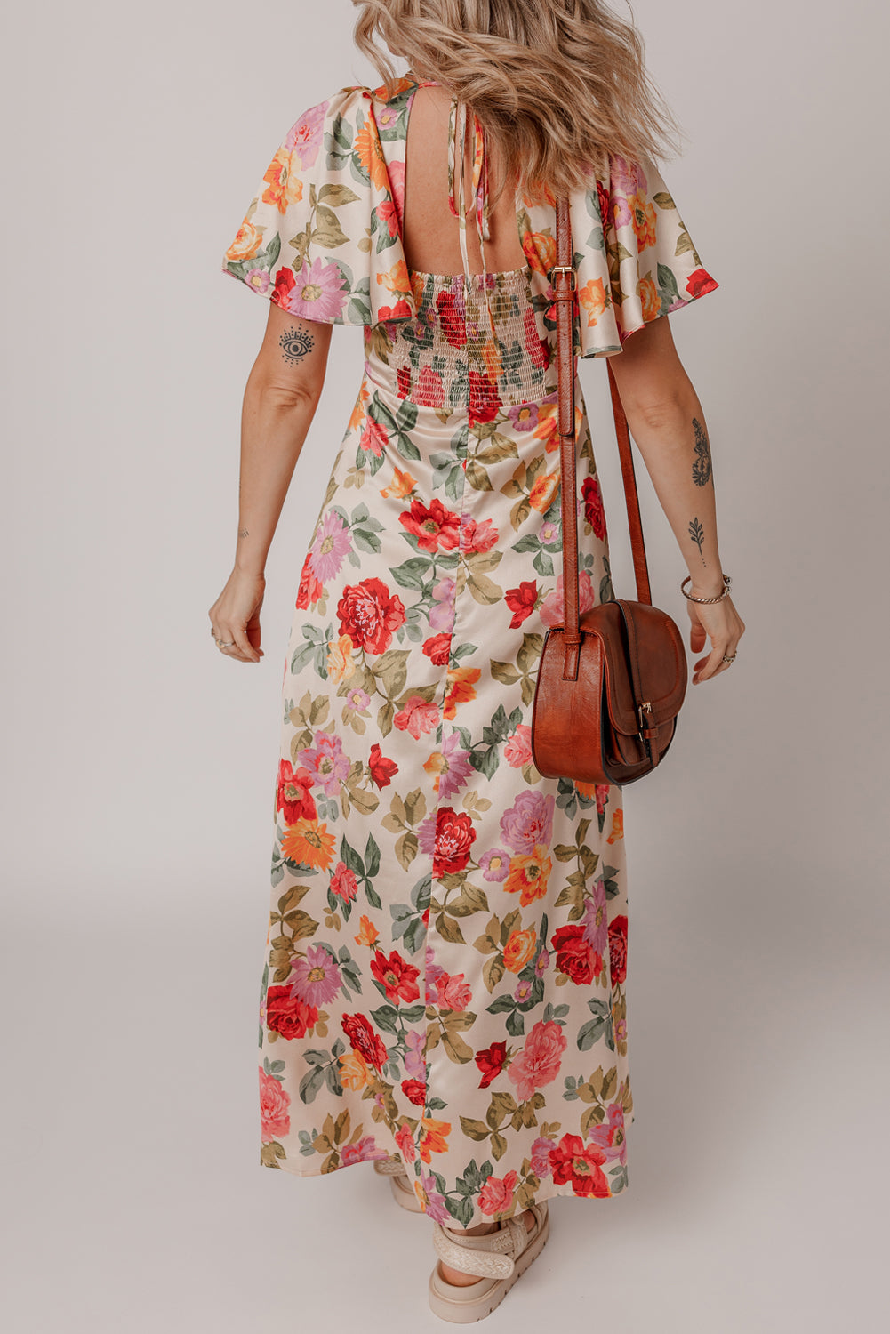 Floral Vintage Floral V Neck Short Sleeve Tie Back Long Slit Dress