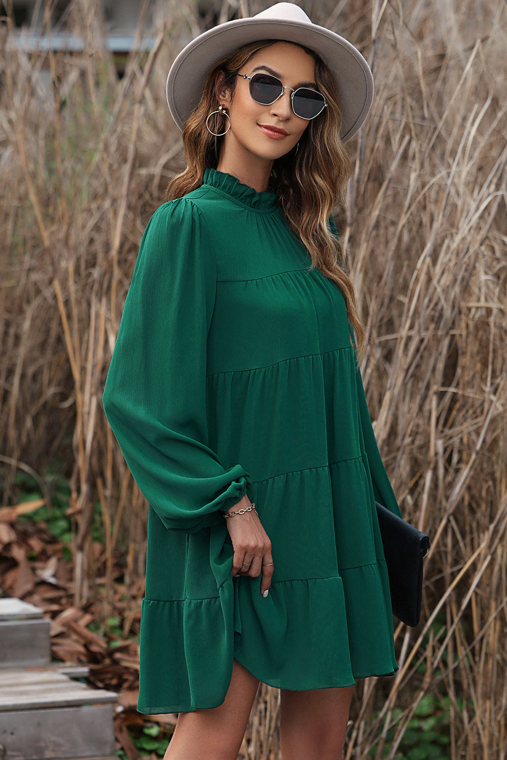 Green Mock Neck Tiered Dress