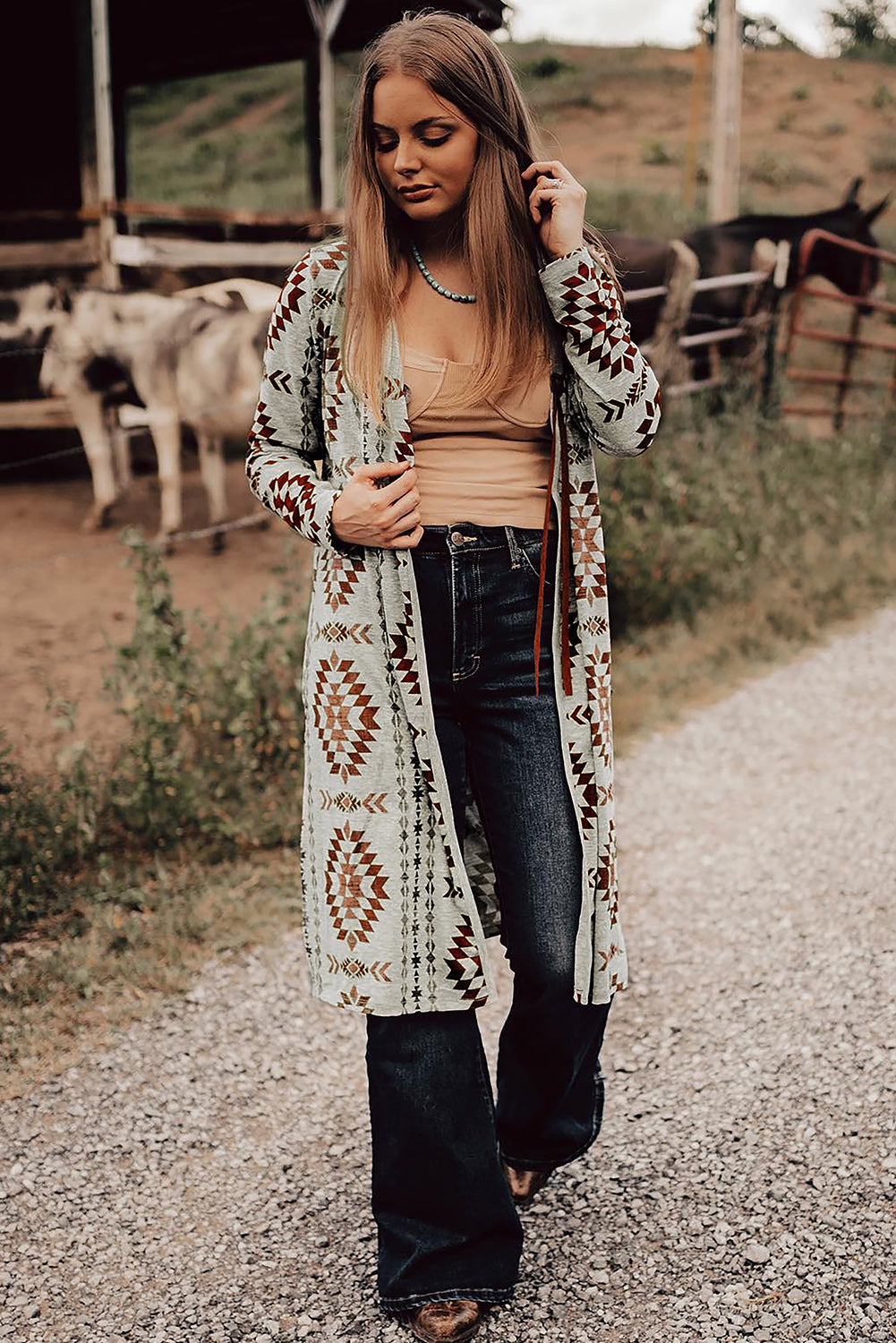 Western Aztec Open Front Cardigan Umber