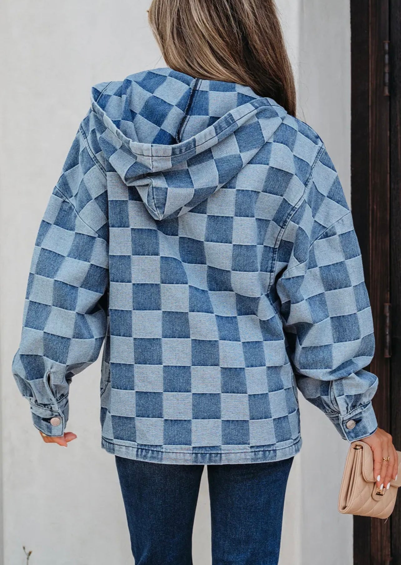 Checkered Half Zip Denim Hoodie Top