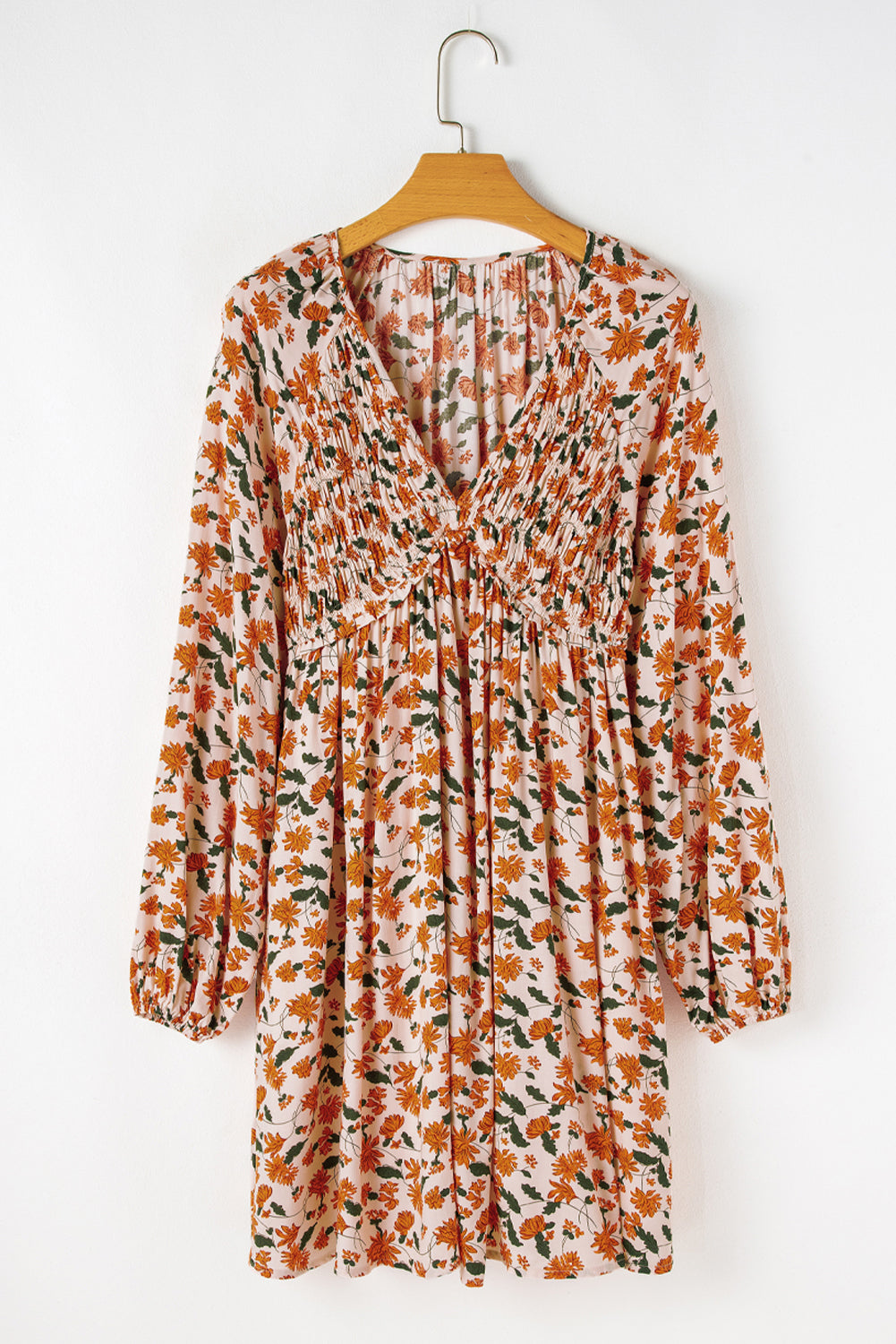 Beige Floral Bubble Sleeve Babydoll Dress