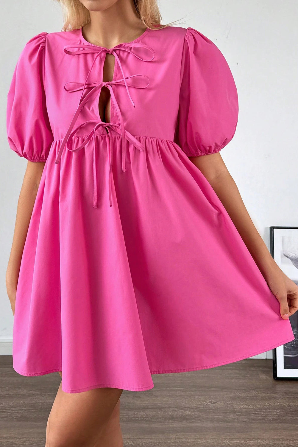 Bright Pink Puff Sleeve Tie Mini Dress