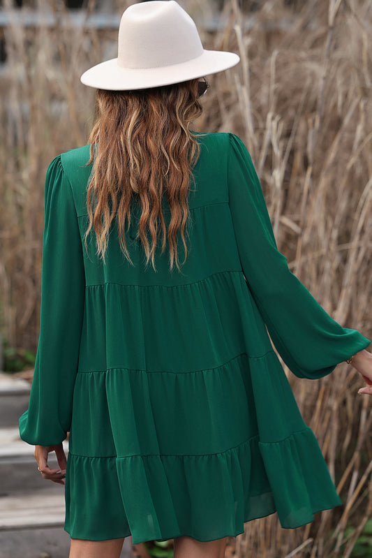 Green Mock Neck Tiered Dress
