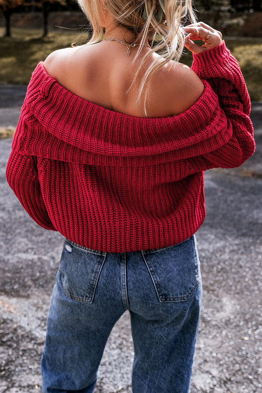 Deep Red Off-the-shoulder Knit Sweater