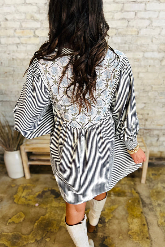 Striped Floral Patchwork Tied V Neck Shift Long Sleeve Mini Dress