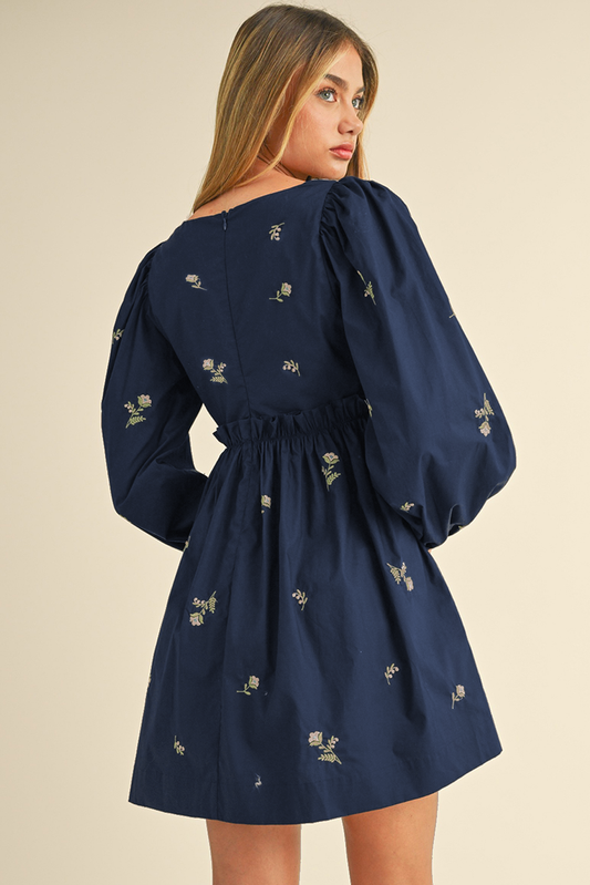 Sail Blue Floral Embroidered Puff Sleeve Ruffled Mini Dress