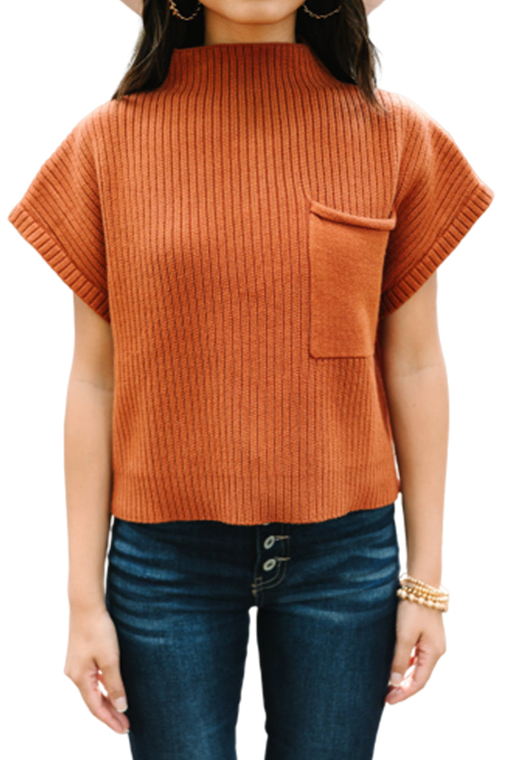Burnt Orange Patch Pocket Ribbed Knit Short Sleeve Sweater