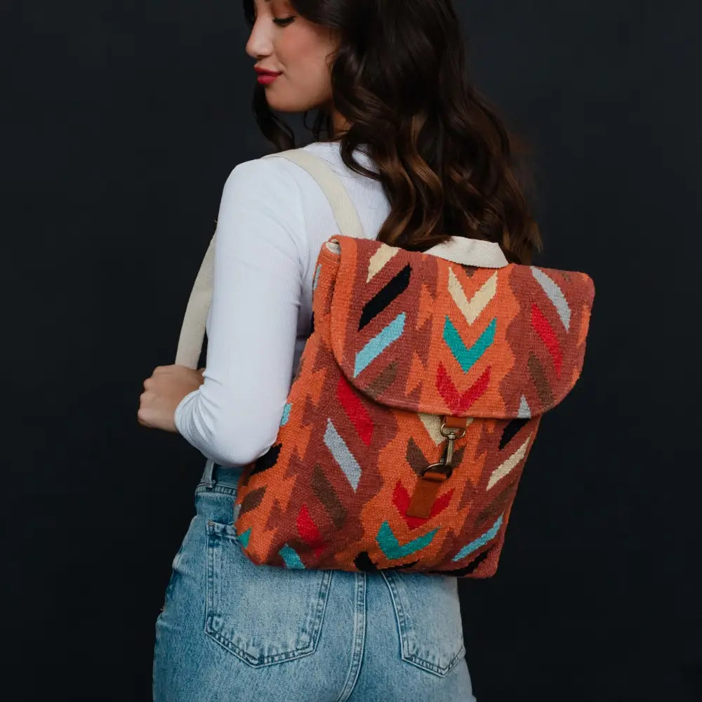 Orange & Multicolored Aztec Backpack