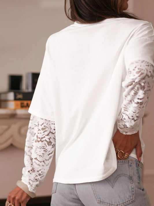 White Lace Long Sleeve Insert Drop Shoulder Tee