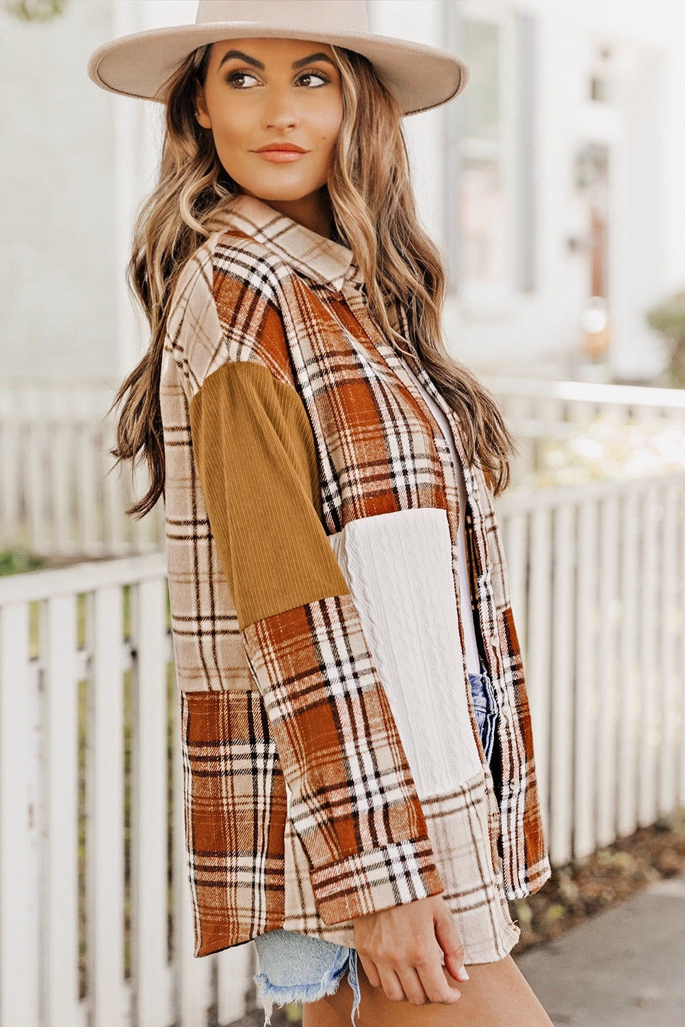 Burnt Orange Plaid Patchwork Shirt Jacket with Pocket Multiple Colors Available