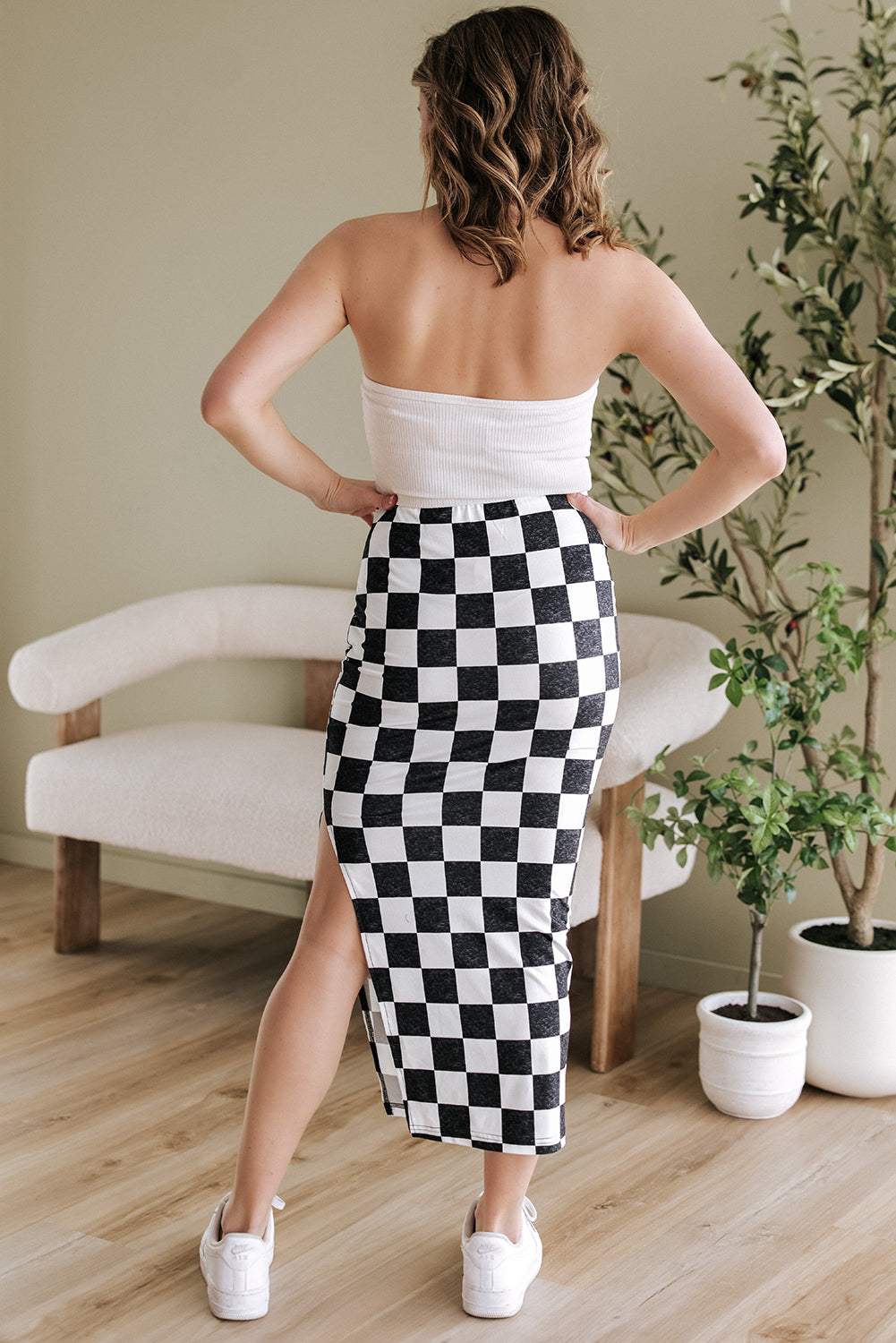 Checkered Side Slit Midi Skirt Chessa