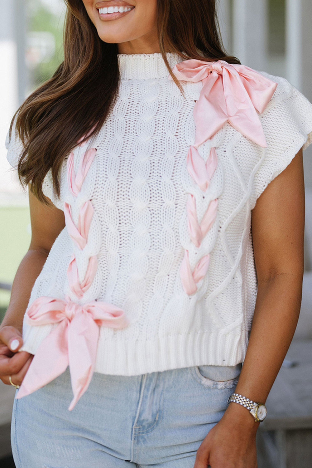 Cable Knit Satin Bowknot Sweater Bowvia