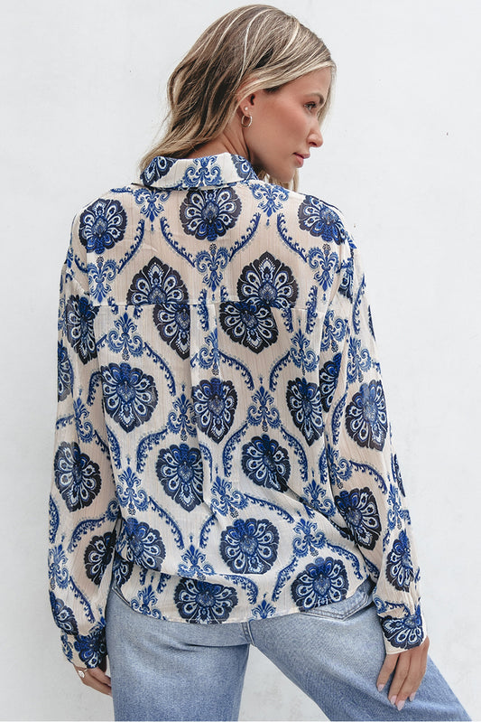 Blue Tribal Pattern Buttoned Front Loose Blouse