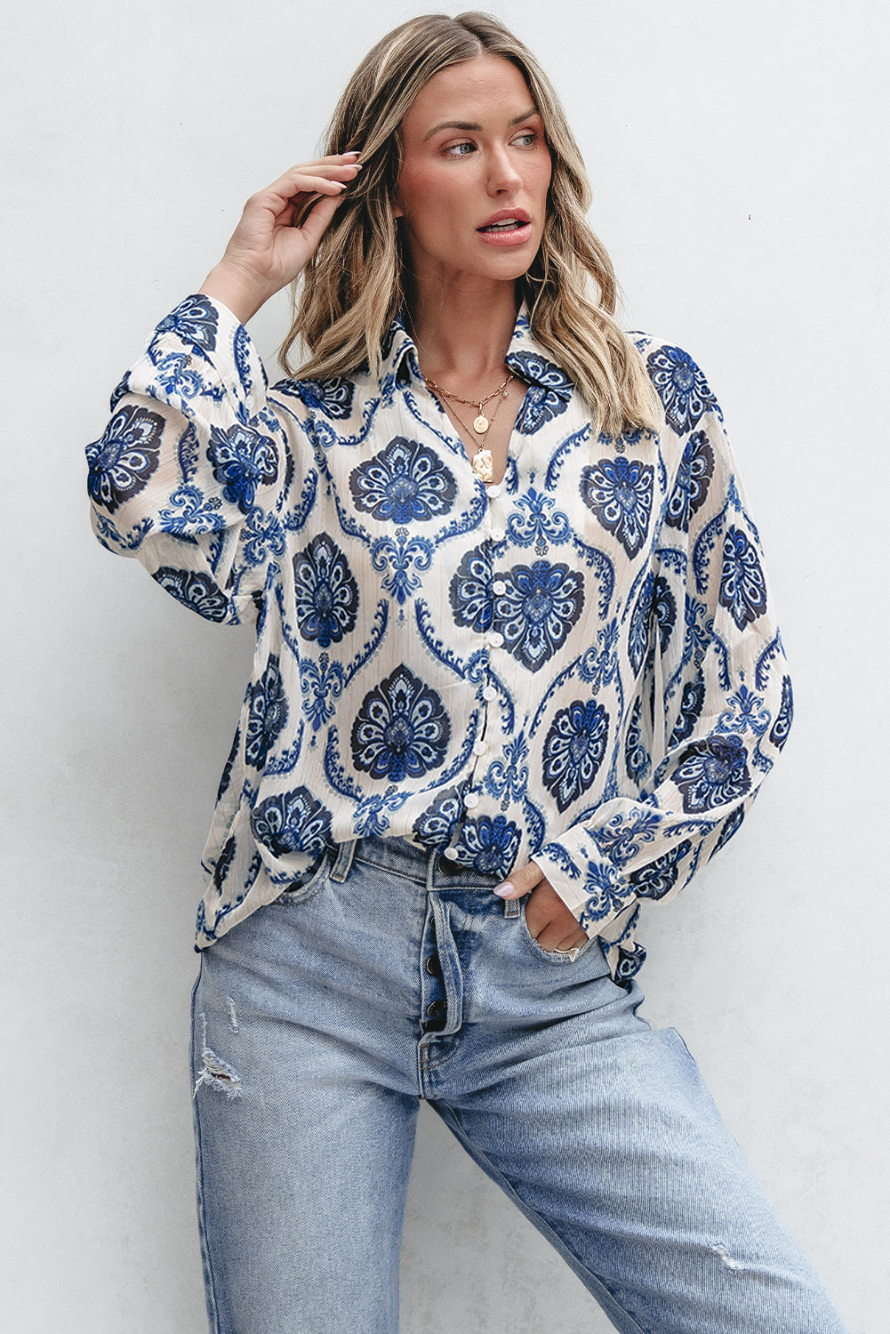 Blue Tribal Pattern Buttoned Front Loose Blouse