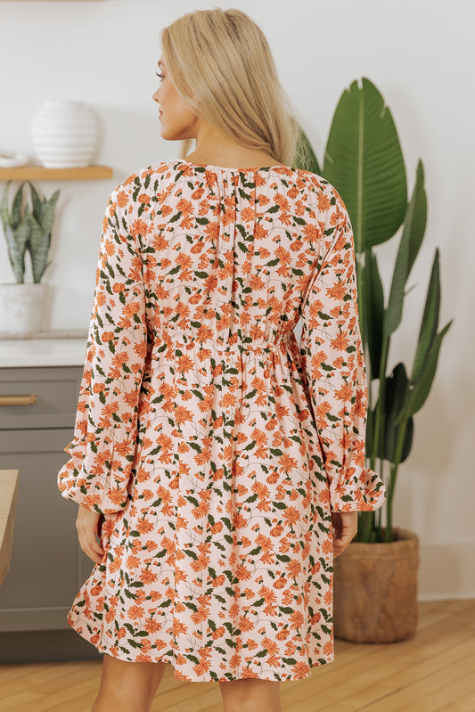 Beige Floral Bubble Sleeve Babydoll Dress