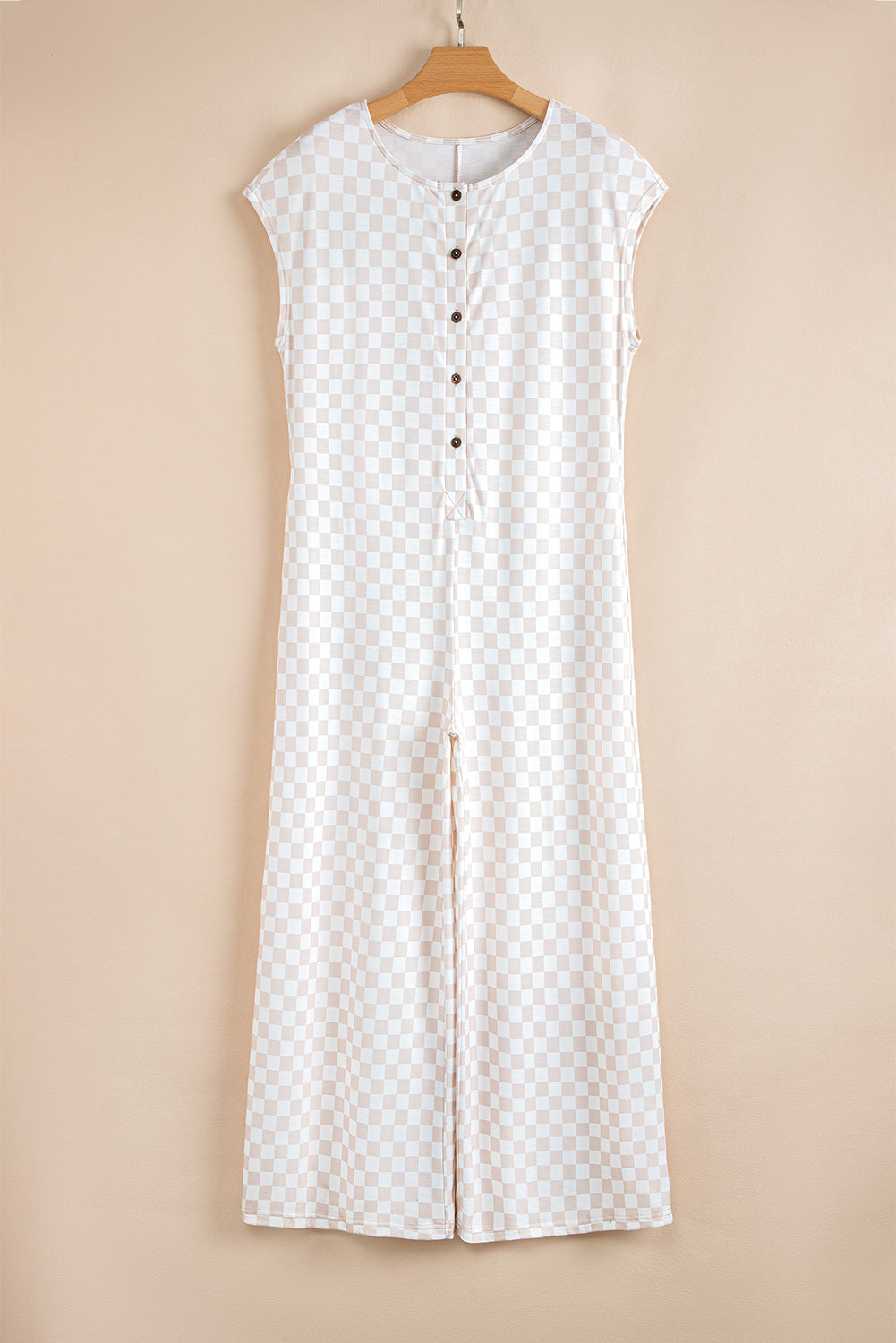 Brown Checkered Print Buttoned Crew Neck Wide Leg Jumpsuit