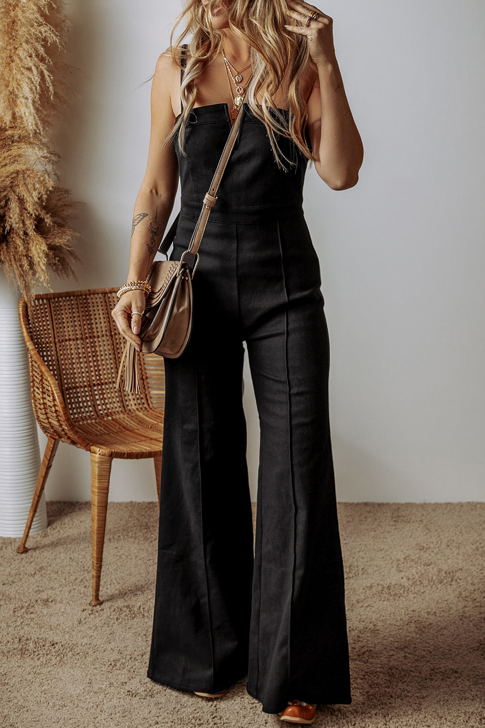 Flared Denim Jumpsuit In Blue Or Black
