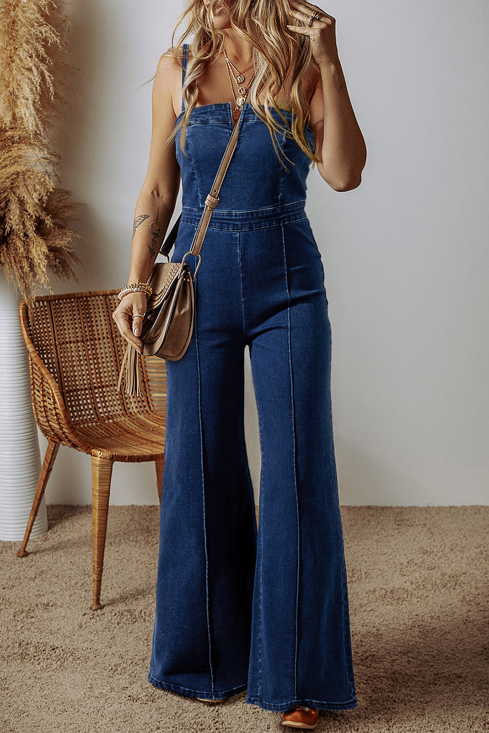 Flared Denim Jumpsuit In Blue Or Black