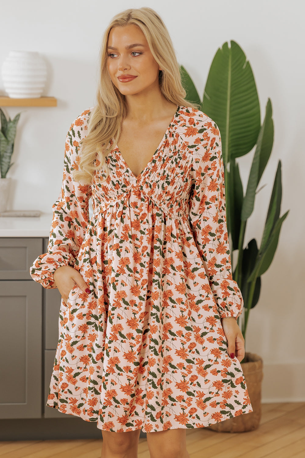 Beige Floral Bubble Sleeve Babydoll Dress