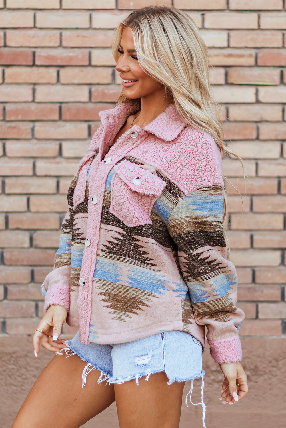 Pink Or Khaki Western Aztec Print Sherpa Splicing Buttoned Flap Pocket Coat