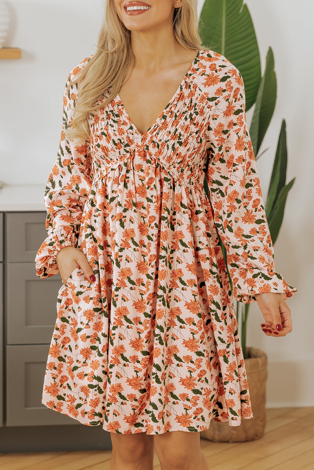 Beige Floral Bubble Sleeve Babydoll Dress