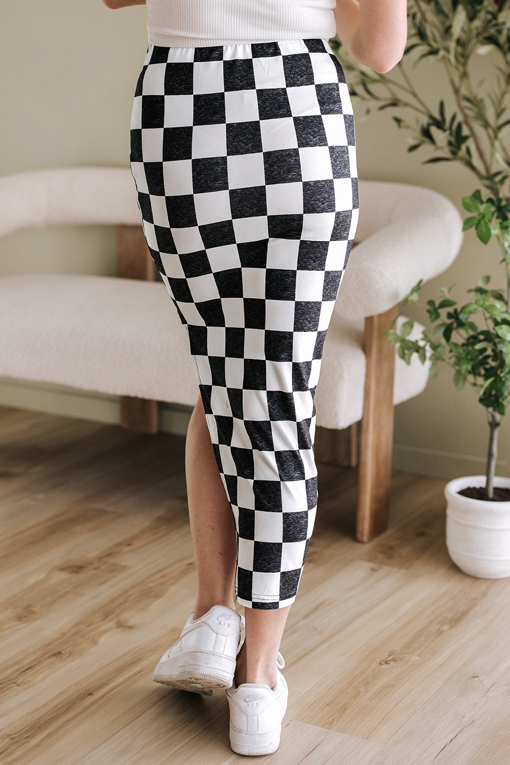 Checkered Side Slit Midi Skirt Chessa