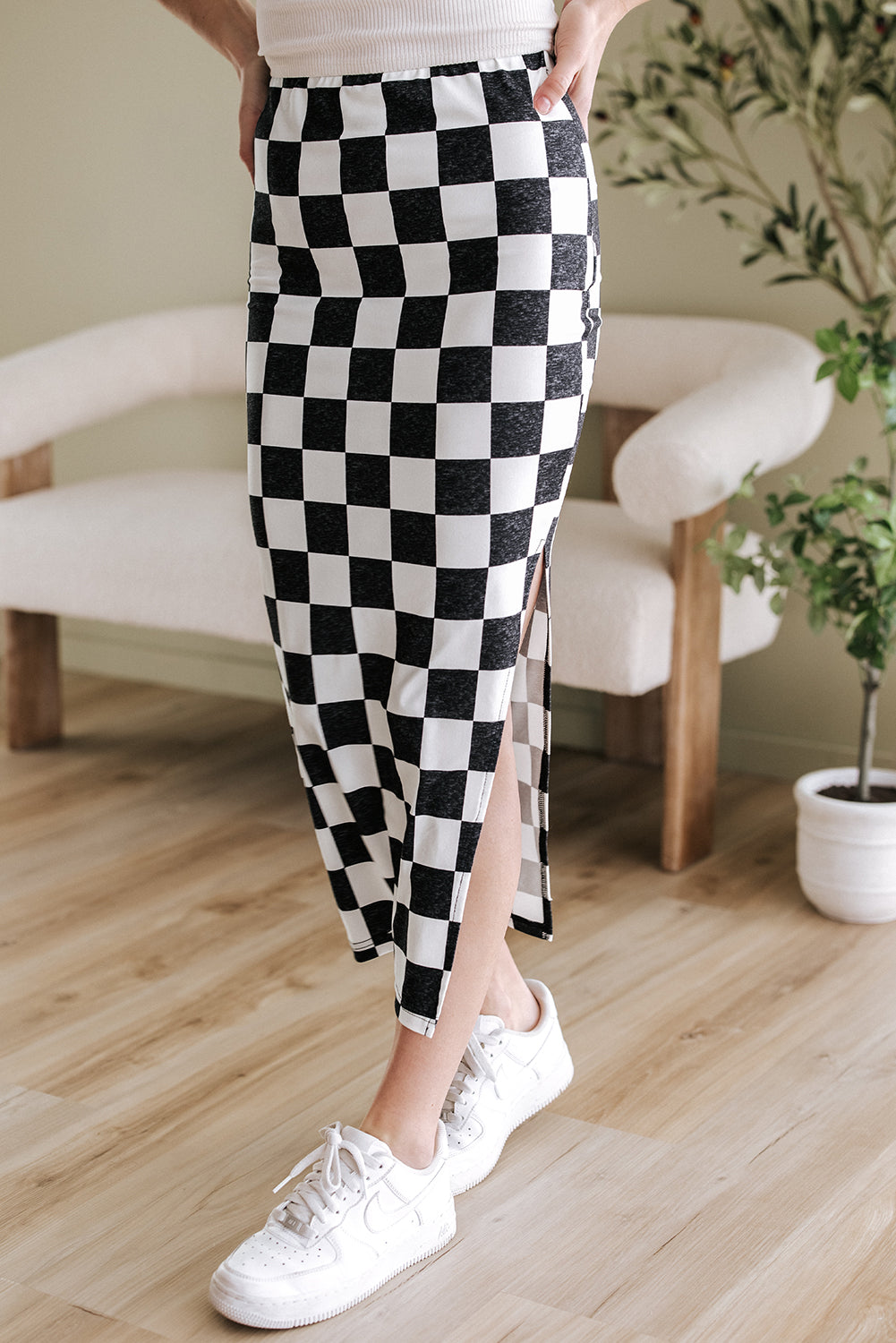 Checkered Side Slit Midi Skirt Chessa