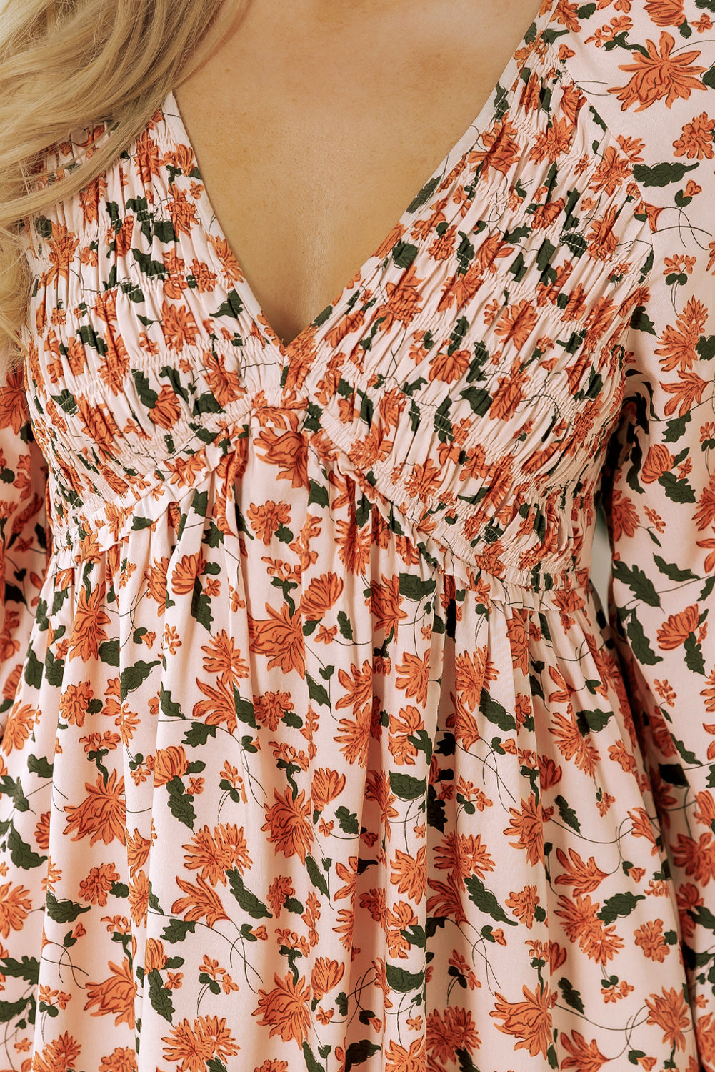 Beige Floral Bubble Sleeve Babydoll Dress