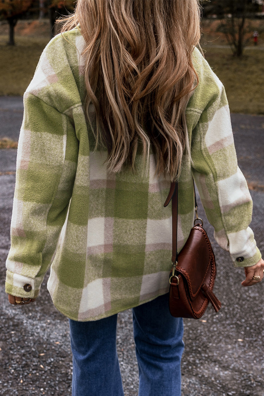 Mellow Green Plaid Print Buttoned Flap Pockets Baggy Shacket
